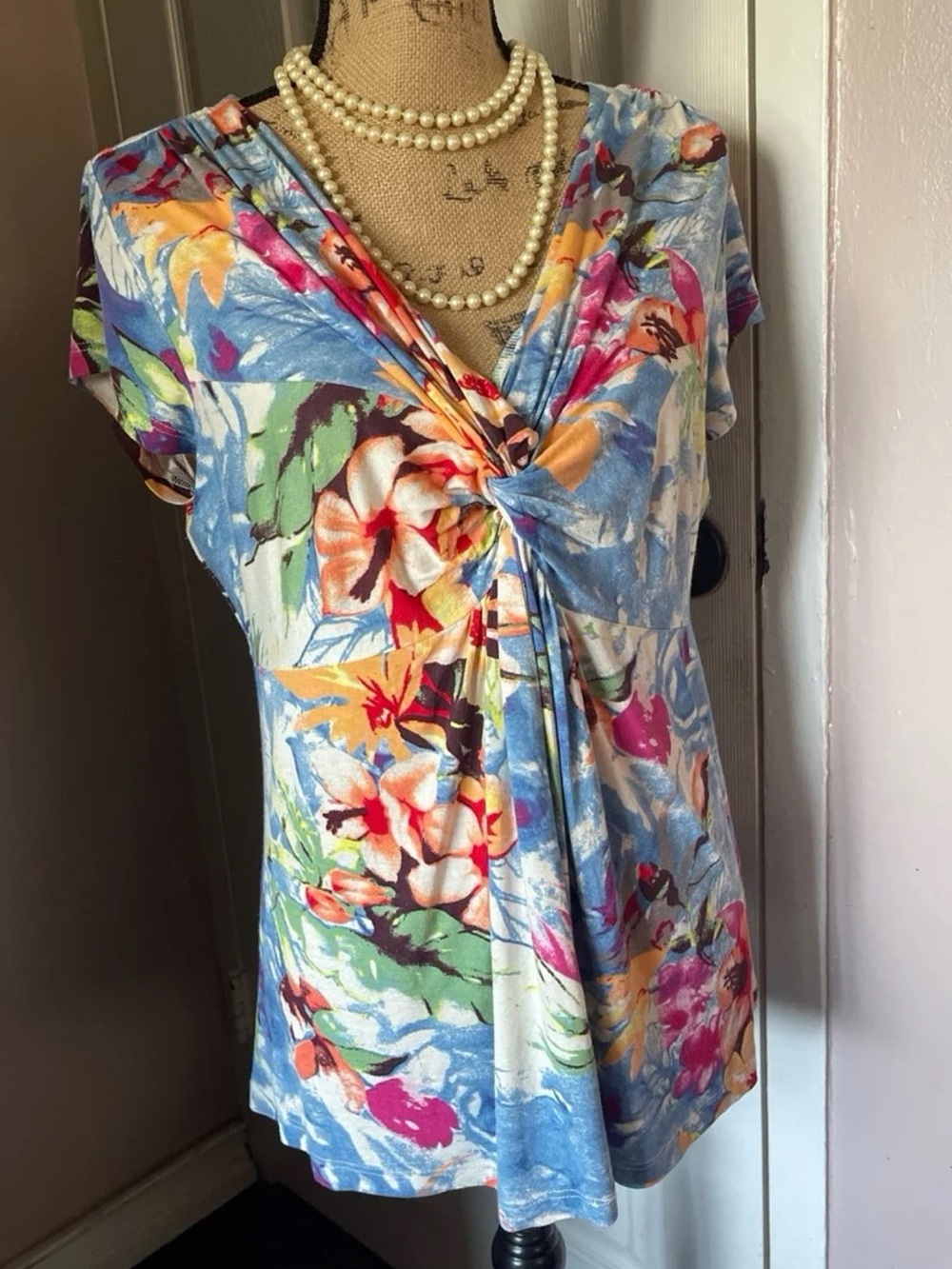 VENUS Floral Twist-Front V-Neck Top in Blue, Pink, Green and Yellow
